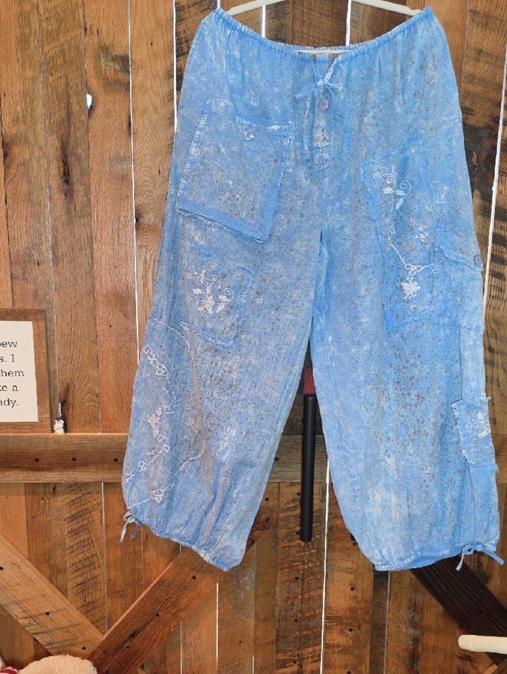 147p Genie Cross Stitch Pants Light Blue Women's Wide-Leg Cargo Linen Pants - Picture 3 of 16